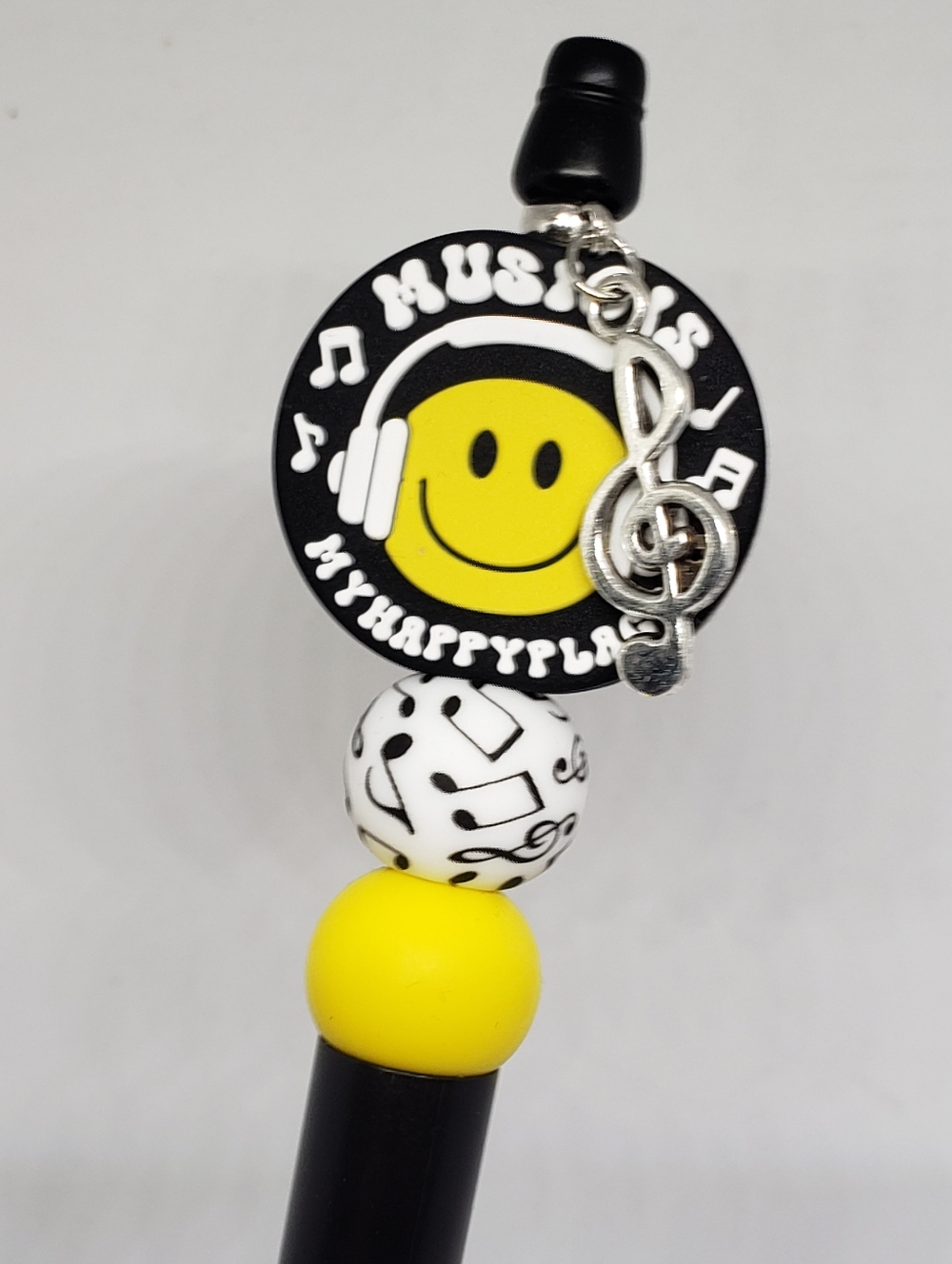 Handmade Silicone Focal Beaded Smiley Face Music is My Happy Place Pen